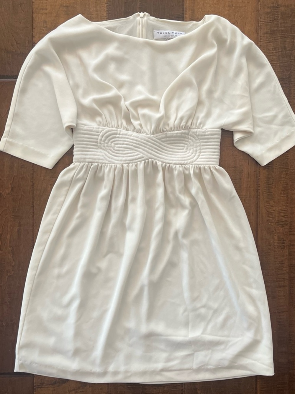 Trina Turk ivory empire waist mini dress with quilted waist band Sz. 6